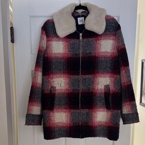 GAP Women's Red and Cream Plaid Teddy Jacket